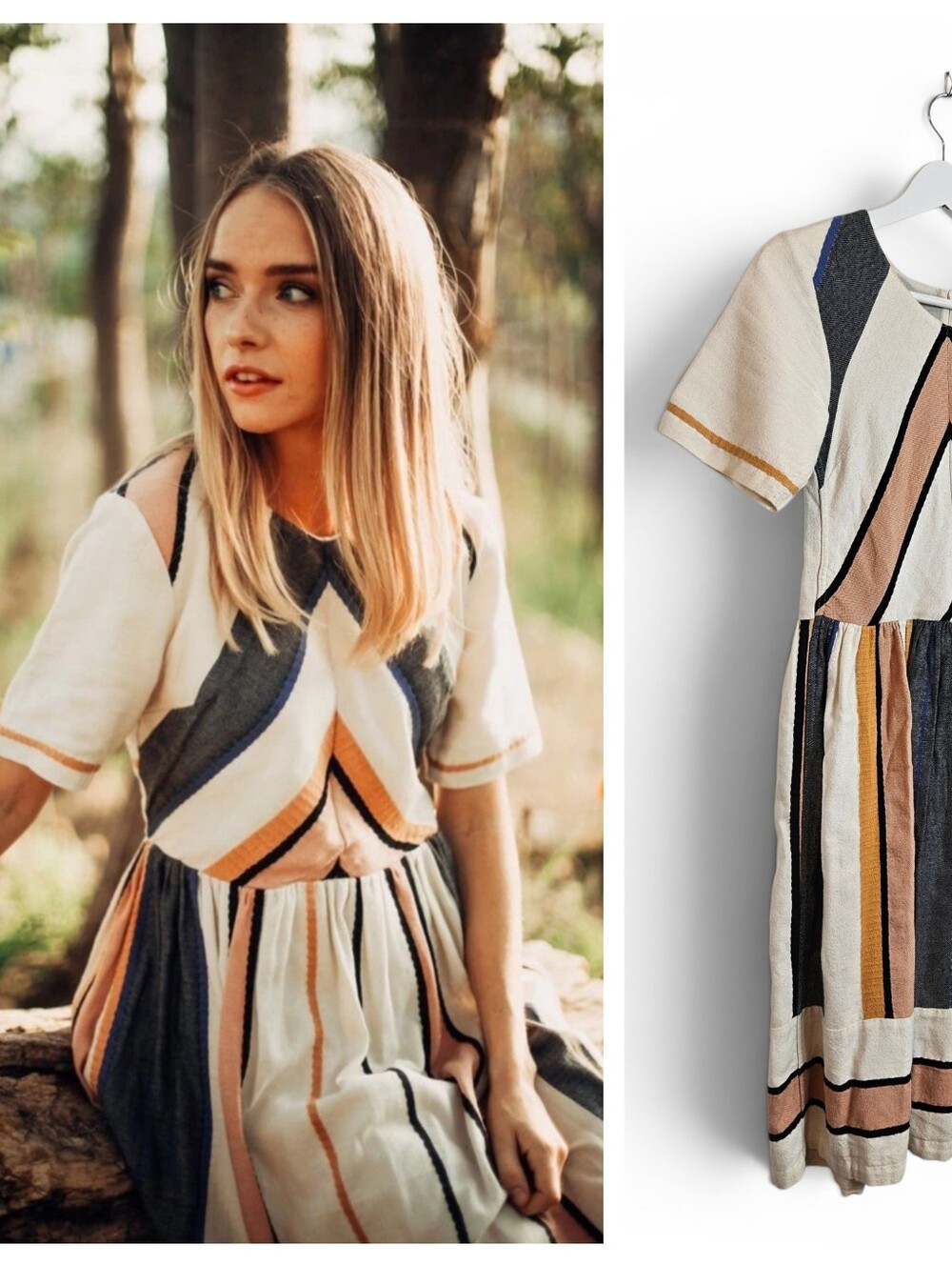 Piper & Scoot Midi Dress XS Eleanor Geometric Stripe Chevron Modest Neutral